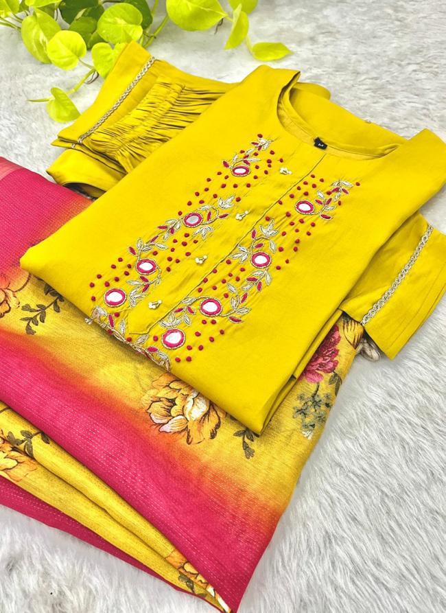 Roman Silk Yellow Traditional Wear Hand Work Readymade Kurti Set